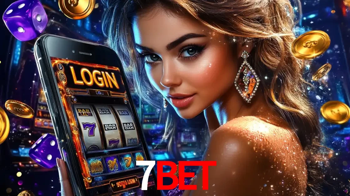 Mulher glamorosa segurando um smartphone com a tela de login para os jogos de caça-níqueis do cassino online 7BET, com moedas de ouro e dados ao redor.